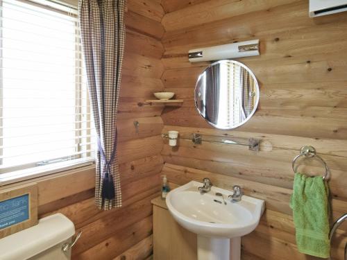 BurtonLepus Lodge - E3731的浴室设有木墙、水槽和镜子
