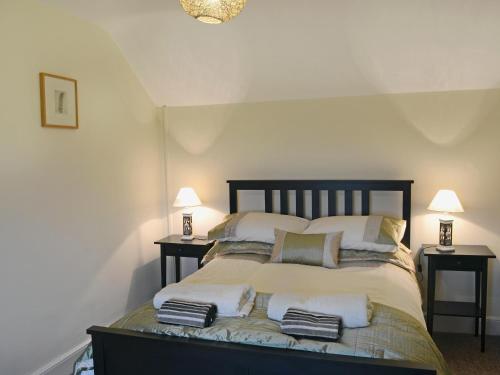 LlangwnadlTy Hen的一间卧室配有一张带枕头的床和两盏灯。