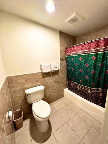 BellTropic West Motel的浴室设有卫生间和绿色淋浴帘。