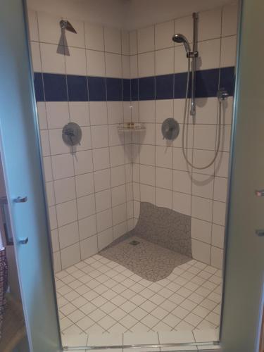 阿布特瑙Sonnleit'n Zimmer的带淋浴的浴室,铺有瓷砖地板。