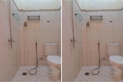杜迈OYO 92111 Dinda Homestay Syariah的浴室设有卫生间和淋浴,两幅图片