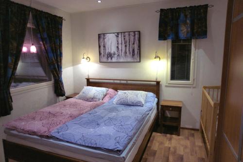 SonkaVilla Mustikkakumpu的一间卧室设有一张床和两个窗户。