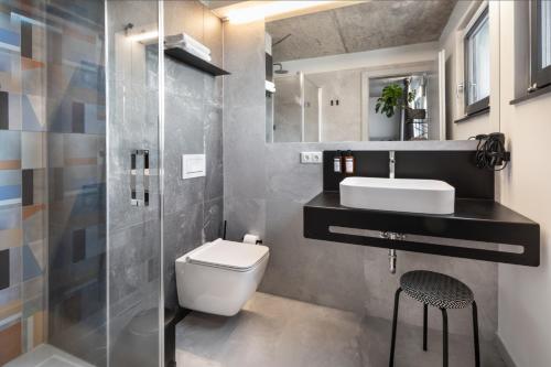 赫拉德茨 - 克拉洛韦Boutique Hotel Mezi švy的浴室配有卫生间、盥洗盆和淋浴。
