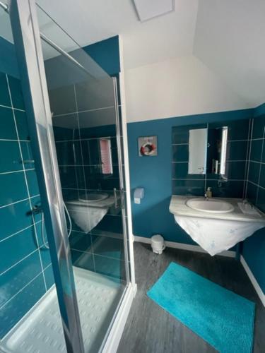 潘波勒Chambres d'hotes chez laure & François的带淋浴、盥洗盆和卫生间的浴室