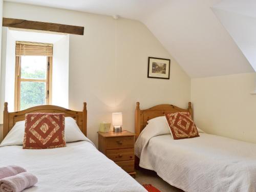 Llanrhaeadr-ym-Mochnant泰瑞德乡村别墅的一间卧室设有两张床和窗户。