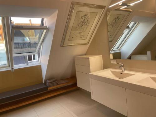 维也纳Rooftop Terrace- Panoramablick über Wien的一间带水槽和镜子的浴室以及窗户。