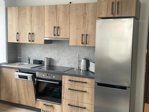 霍恩Apartment Viktoria的厨房配有不锈钢冰箱和木制橱柜