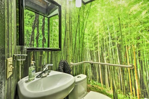 纽伯格Willamette Valley Apt - Surrounded by Wineries!的浴室配有带水槽的竹子淋浴帘