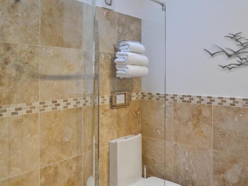 Saint Columb Road StationThe Stables的带淋浴、卫生间和毛巾的浴室