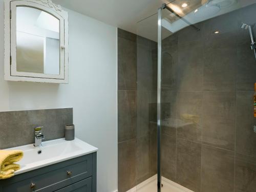 Stoke Holy Cross谷仓猫头鹰度假屋的带淋浴、盥洗盆和镜子的浴室