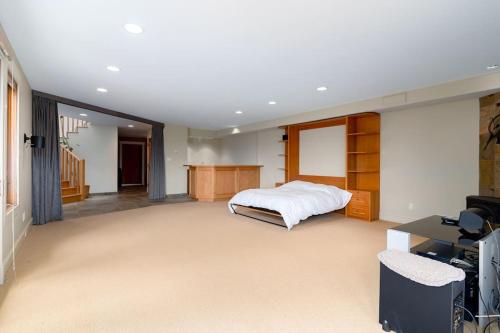 阿伯茨福德Season Premiere Winery-Bed & Breakfast in vineyard的一间卧室配有一张床、一张书桌和一台电视