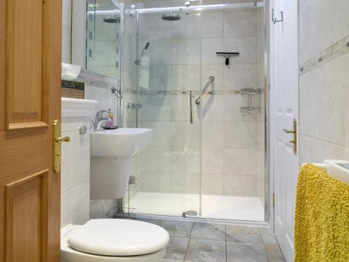 邓凯尔德巴特本度假屋的带淋浴、卫生间和盥洗盆的浴室