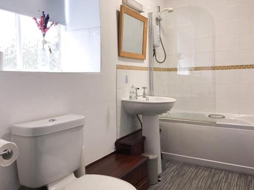 米德尔赫姆Foal Barn Cottages - Hayloft - Spennithorne的浴室配有卫生间、盥洗盆和浴缸。