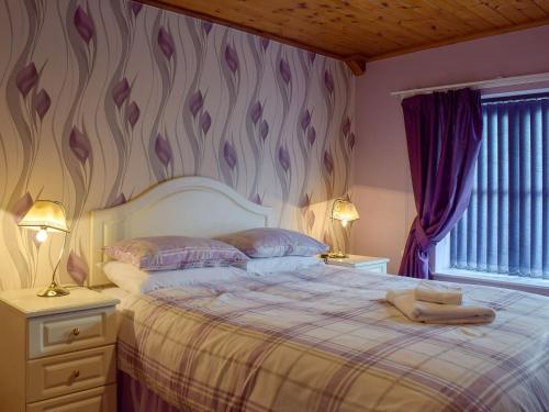Gelliwen埃尔姆迎宾小屋的一间卧室配有一张床、两盏灯和一个窗户。