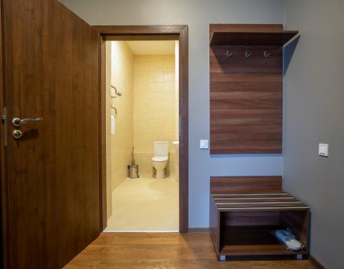 利沃夫Готель Динамо的一间带卫生间和木门的浴室