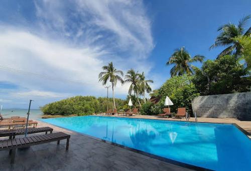 班柯木KOHMOOK THE SUN GREAT RESORT的一座棕榈树和海洋的大型游泳池