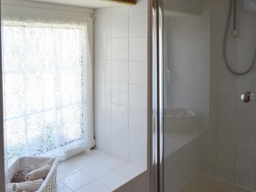 利扎尔德Skyber Cottage的带淋浴的白色浴室和窗户。