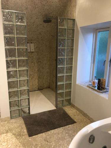 灵斯泰兹VV Apartments 50的浴室配有带玻璃架的淋浴和浴缸。