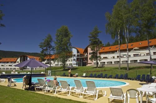 伏尔塔瓦河畔利普诺里普诺湖度假酒店的一群人在游泳池边坐在椅子上