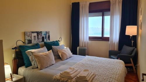 波尔图远景杜罗马尔公寓的卧室配有带枕头的床铺和窗户。