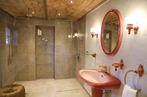 SundstrupPorshus Ferielejlighed的带淋浴、盥洗盆和镜子的浴室