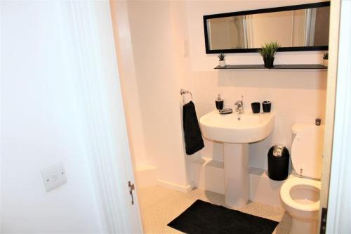 LexdenLuxury Apartment Close to Town Centre的一间带水槽、卫生间和镜子的浴室