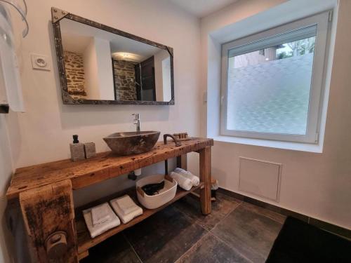 圣沙蒙La Voûte du Pilat & options SPA, massage的一间带水槽和镜子的浴室