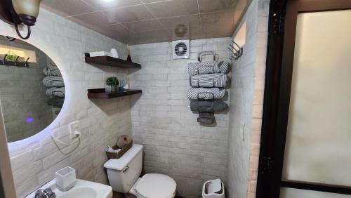 萨卡特卡斯depa #5 recién remodelado en planta alta的一间带卫生间、水槽和镜子的浴室
