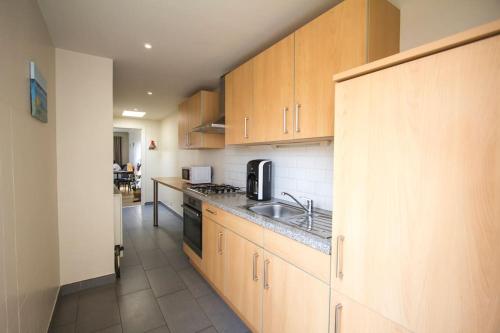 德哈恩Ruim, lichtrijk appartement met terras in centrum的厨房配有木制橱柜和水槽。