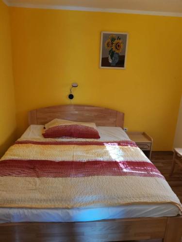 帕索尔维基Penzion a vinný sklípek Mušov的卧室内的一张床位,卧室的墙壁为黄色