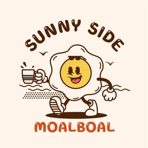 莫阿尔博阿Sunnyside Moalboal Guest house - 써니사이드 모알보알 게스트하우스的一只卡通鸡蛋,上面有咖啡和阳光明媚的马洛亚语