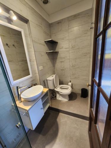 布宜诺斯艾利斯Habitaciones en Suite Balcarce的一间带卫生间、水槽和镜子的浴室