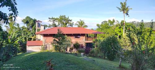 公主港Bambua Nature Cottages的山坡上一座红色屋顶的房子