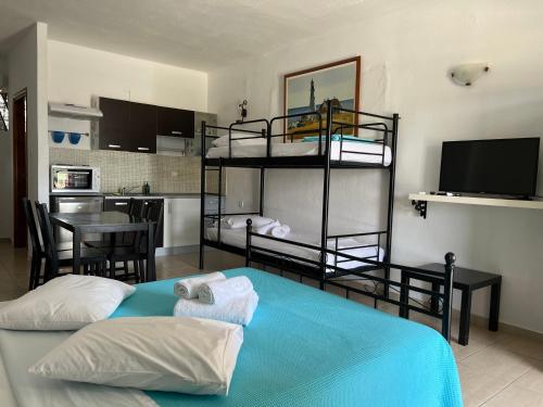 阿莫利亚尼岛Liani Ammos的一间带两张双层床的卧室和一间厨房