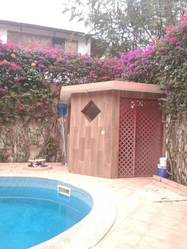 萨利波图尔La chambre diambar的一座游泳池,位于一个拥有粉红色花卉的庭院内