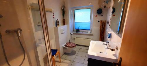 Klein ZickerFerienwohnung Bergholz的一间带水槽和卫生间的浴室以及窗户。