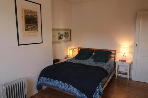 布鲁塞尔Serbie 21的一间卧室配有一张带黑色床单和绿色枕头的床。