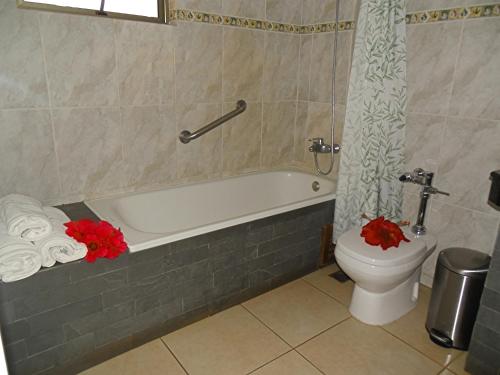 安加罗阿Hotel Puku Vai的浴室设有卫生间和红色花卉浴缸。