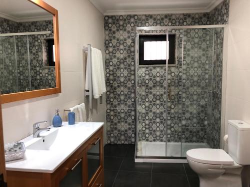 阿尔德亚达斯Casa da Forja的带淋浴、盥洗盆和卫生间的浴室