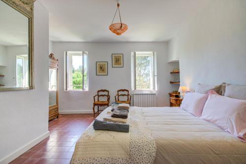屈屈龙Les Chambres du Perussier的一间卧室设有一张大床和两个窗户。