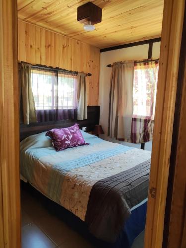 皮奇勒姆RdA Cabaña的一间卧室配有一张带紫色枕头的床
