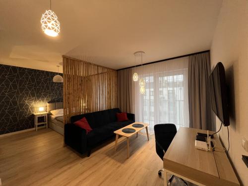 科沙林Apartament Studio Centrum的一间带黑色沙发的客厅和一间卧室
