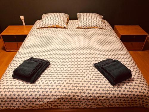 罗亚Chaîne des puys chez William的床上摆着两袋子的床