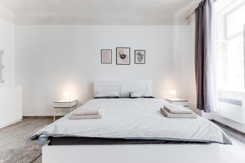 布拉格Lovely Apartments Heart of Prague的白色卧室配有一张大床和两盏灯。