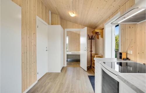 HesselagerAmazing Home In Hesselager With Wifi的铺有木地板,设有木墙厨房。