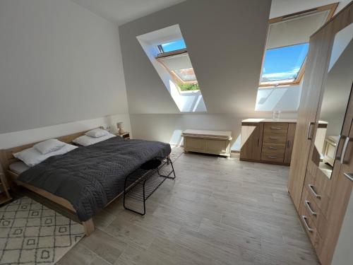 雷夫菲勒普JÁNHÁZ Apartman Révfülöp的一间卧室配有一张床和天窗
