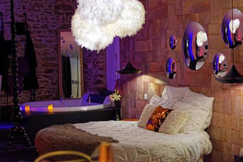 南特Le Lovt - LOVE ROOM NANTES的一间卧室配有一张床、一个浴缸和灯光