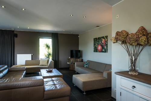 Sint-Gillis-WaasVakantiehoeve Berckelaer的客厅配有沙发和桌子