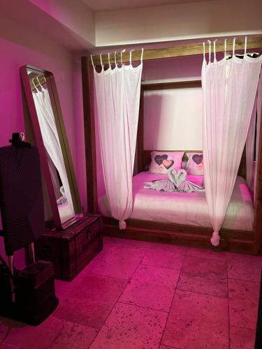 阿维尼翁L'EXCELLENCE AVIGNON - Suite LUXE SAUNA, HAMMAM & JACCUZZI的一间卧室配有一张带粉红色墙壁和窗帘的床