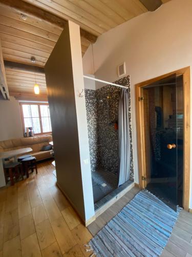 CesvaineDzirnavas Pirtsmāja的客厅里的大型玻璃淋浴间